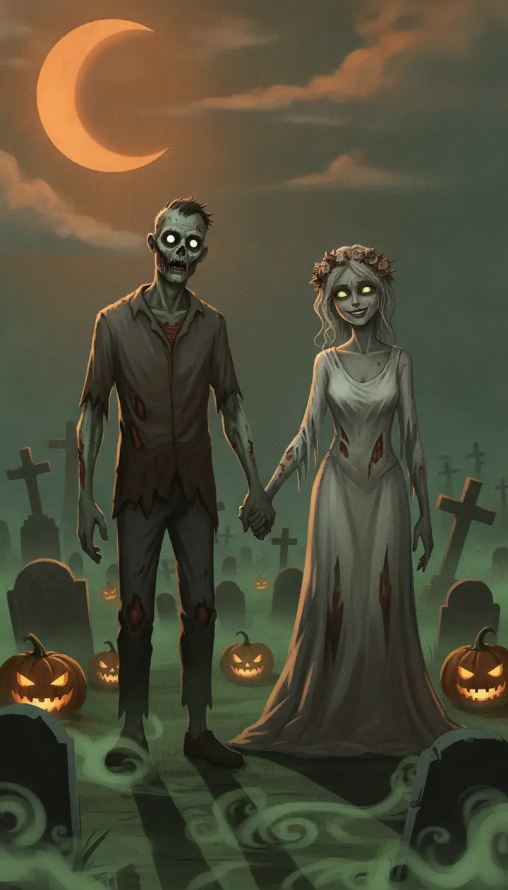 Illustration: a zombie with rotting grey-green skin and hollow glowing eyes holds hands with his partner in a foggy graveyard full of jack-o’-lanterns
